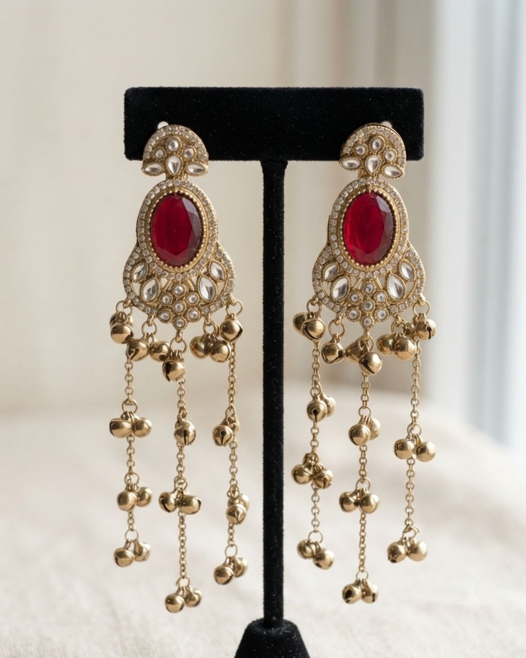 Ruby Red & Antique Gold Pearl Tassel Earrings