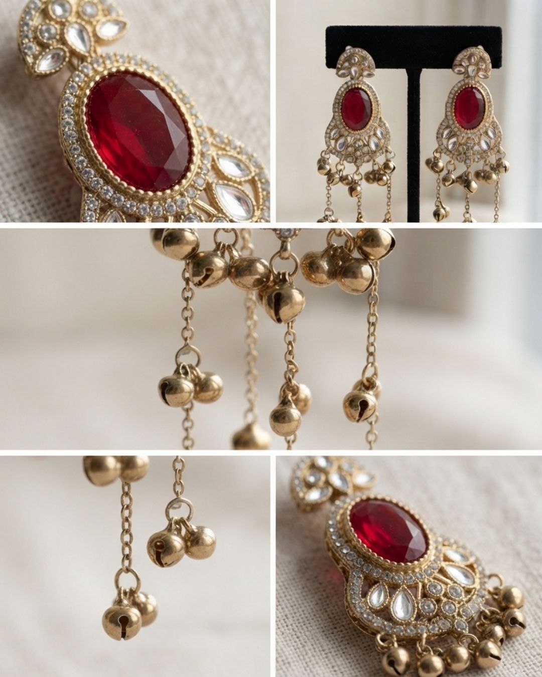 Ruby Red & Antique Gold Pearl Tassel Earrings