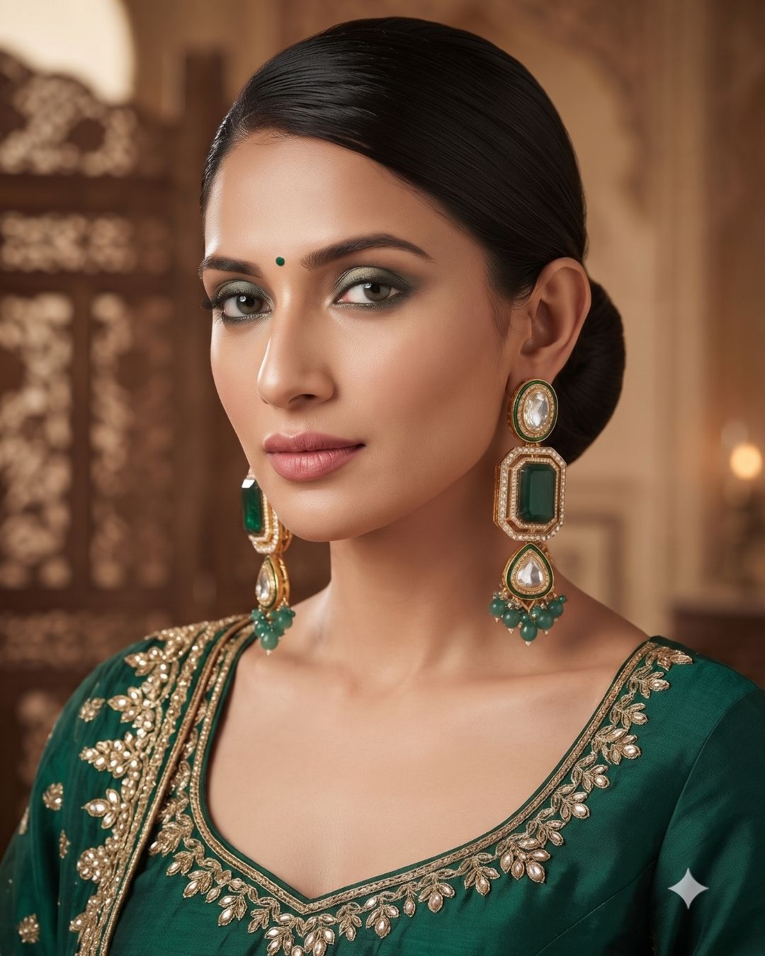 Emerald Green & Antique Gold Kundan Dangler Earrings
