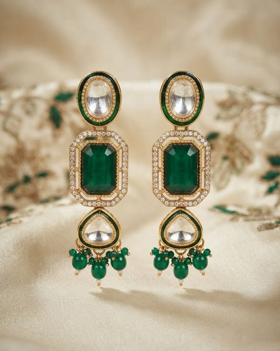 Emerald Green & Antique Gold Kundan Dangler Earrings