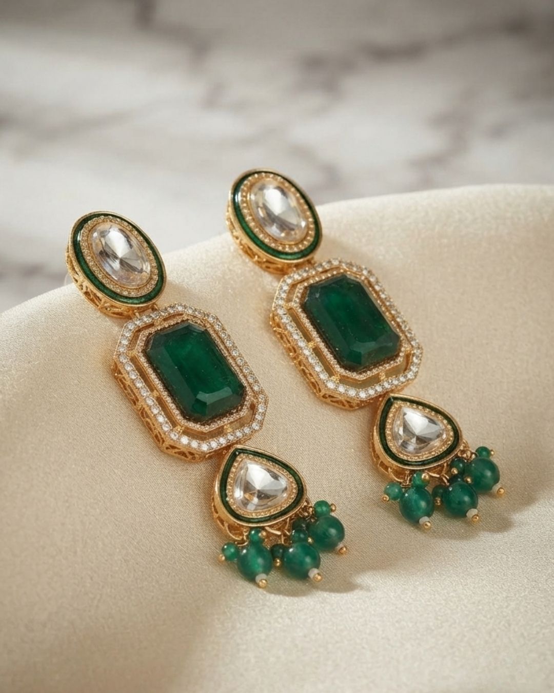 Emerald Green & Antique Gold Kundan Dangler Earrings
