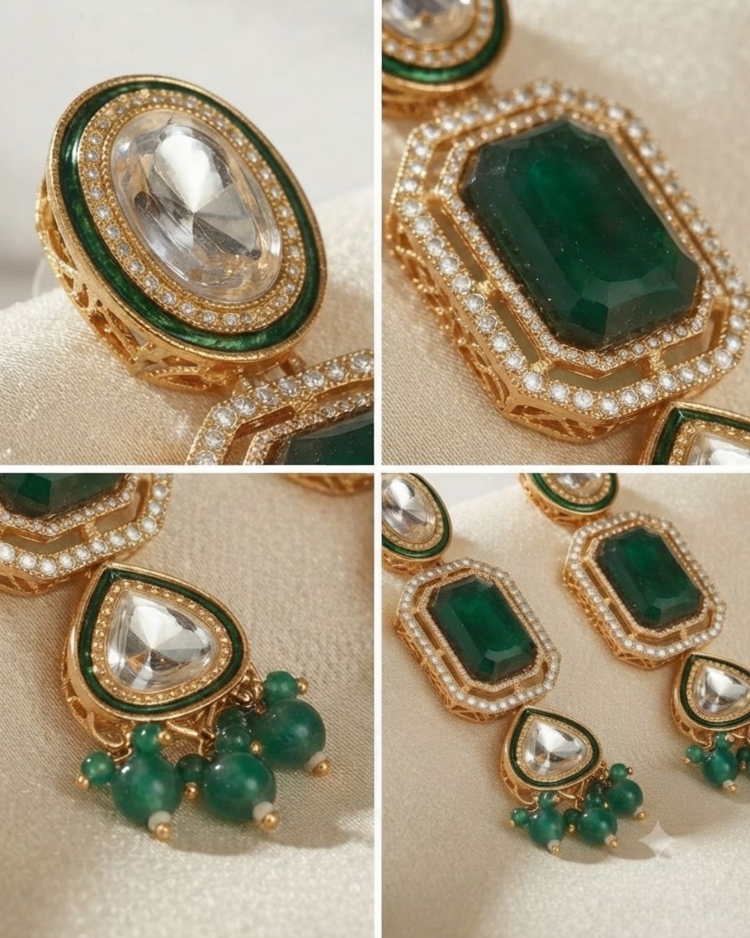 Emerald Green & Antique Gold Kundan Dangler Earrings