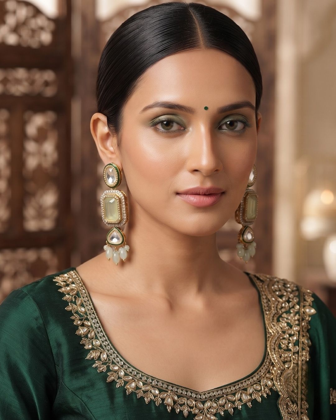 Ivory White & Antique Gold Kundan Pearl Dangler Earrings