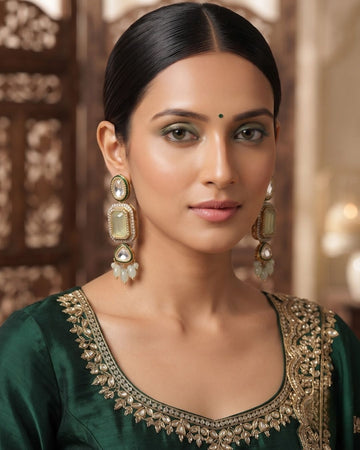 Ivory White & Antique Gold Kundan Pearl Dangler Earrings