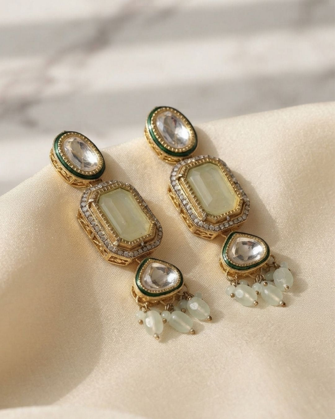 Ivory White & Antique Gold Kundan Pearl Dangler Earrings