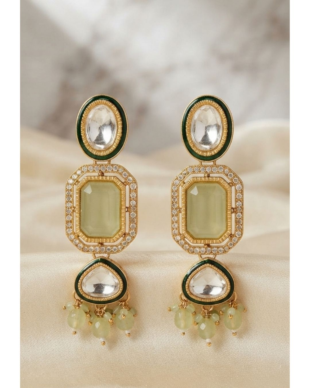 Ivory White & Antique Gold Kundan Pearl Dangler Earrings