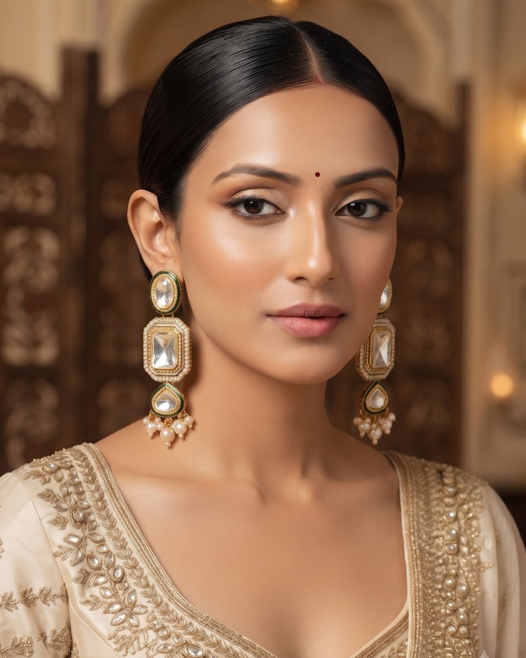 Crystal White & Antique Gold Kundan Pearl Dangler Earrings