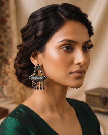 Antique Gold & Black Beaded Jhumka Earrings