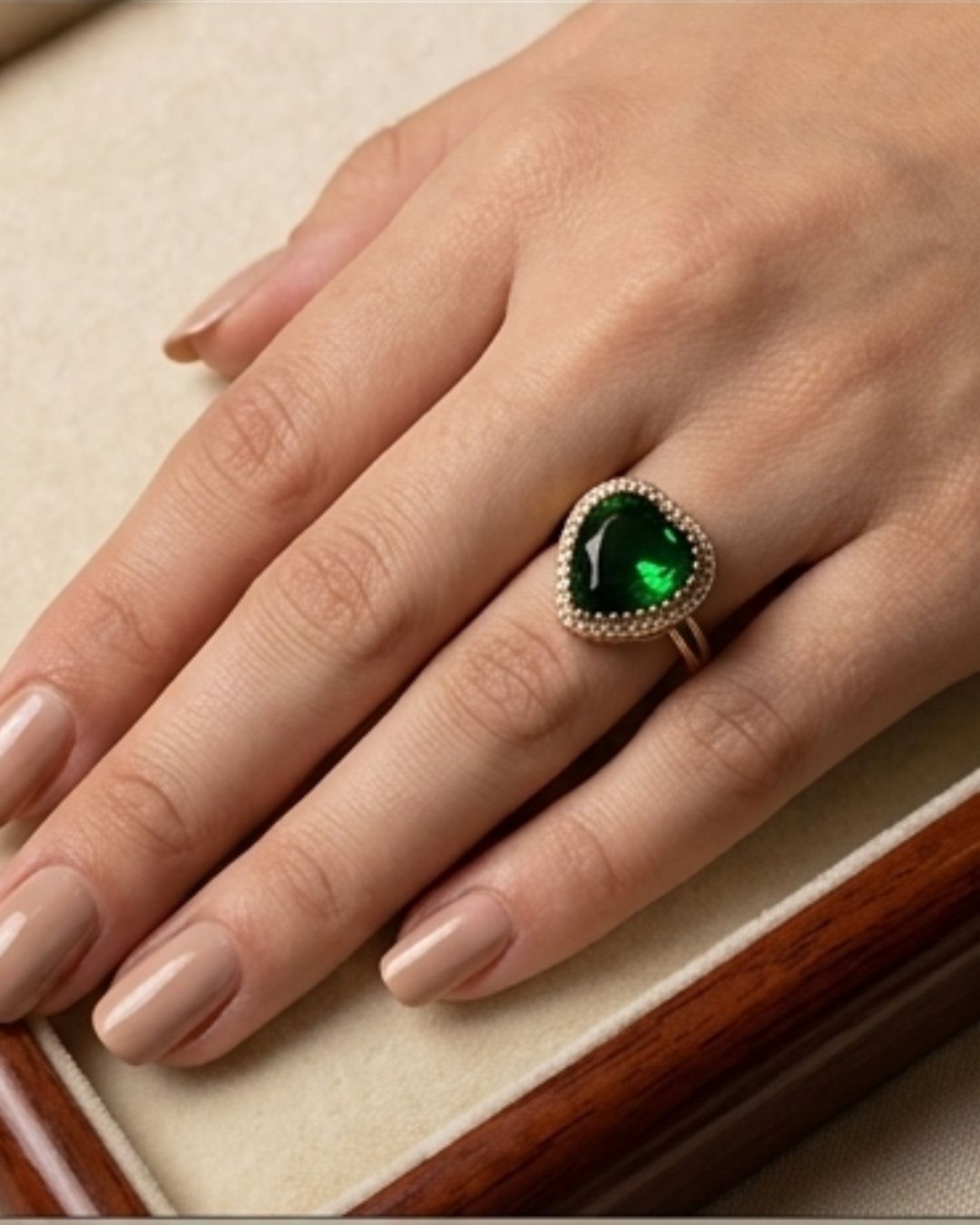Royal Emerald Green Gold-Plated American Diamond Halo Ring