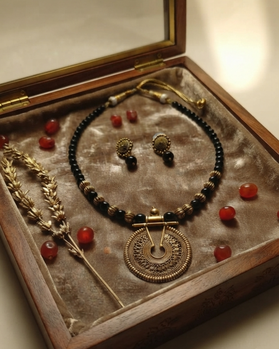 Antique Gold Coin Pendant Necklace Set with Red Beads