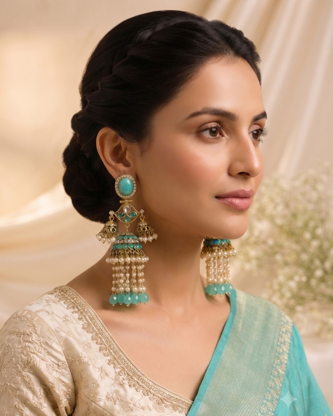Royal Turqoise Pearl Drop Jhumka
