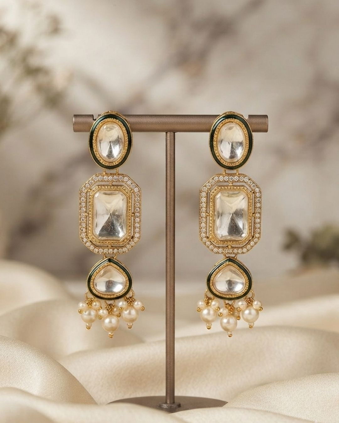 Crystal White & Antique Gold Kundan Pearl Dangler Earrings