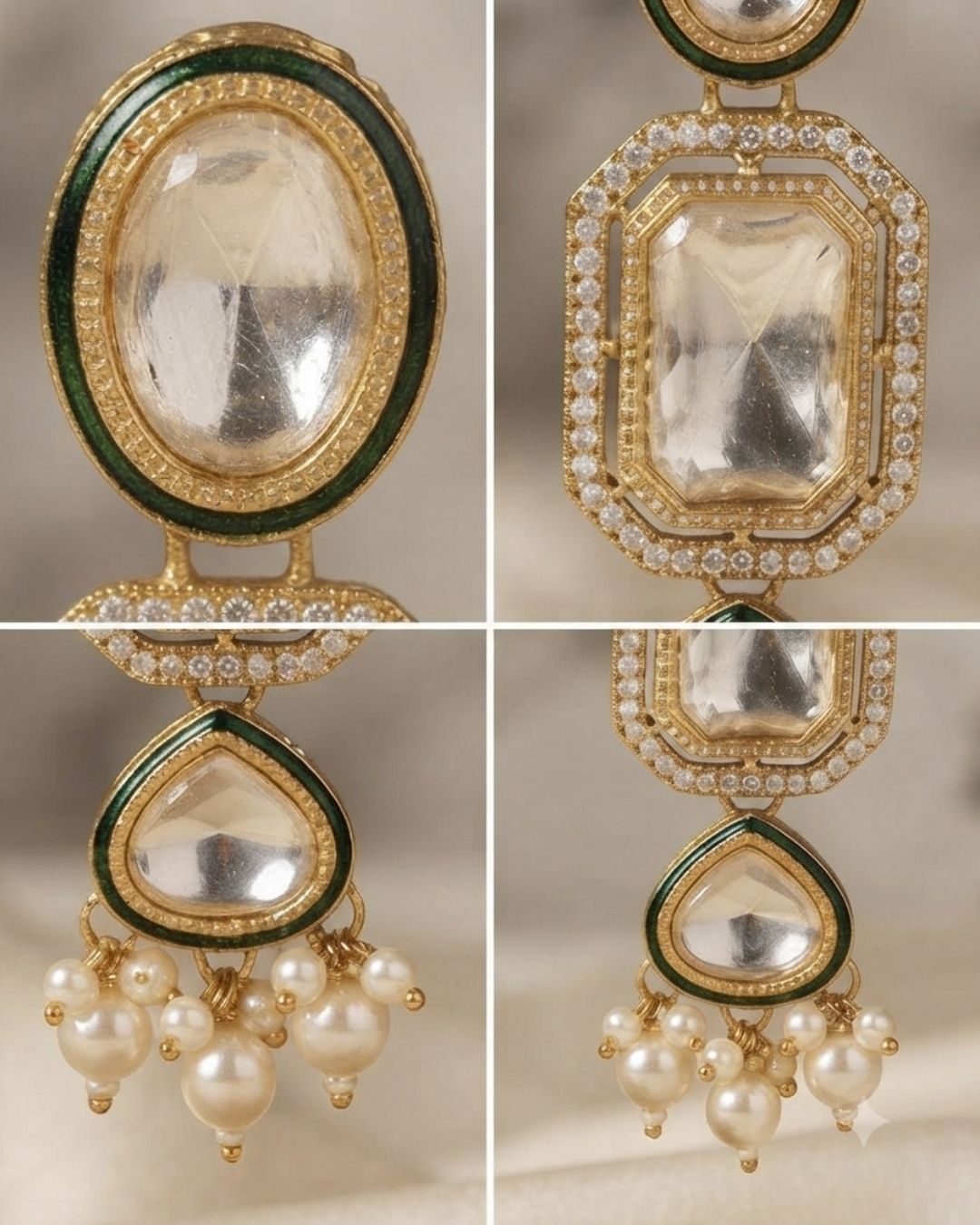 Crystal White & Antique Gold Kundan Pearl Dangler Earrings