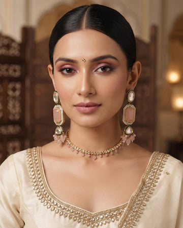 Blush Pink & Antique Gold Kundan Beaded Dangler Earrings