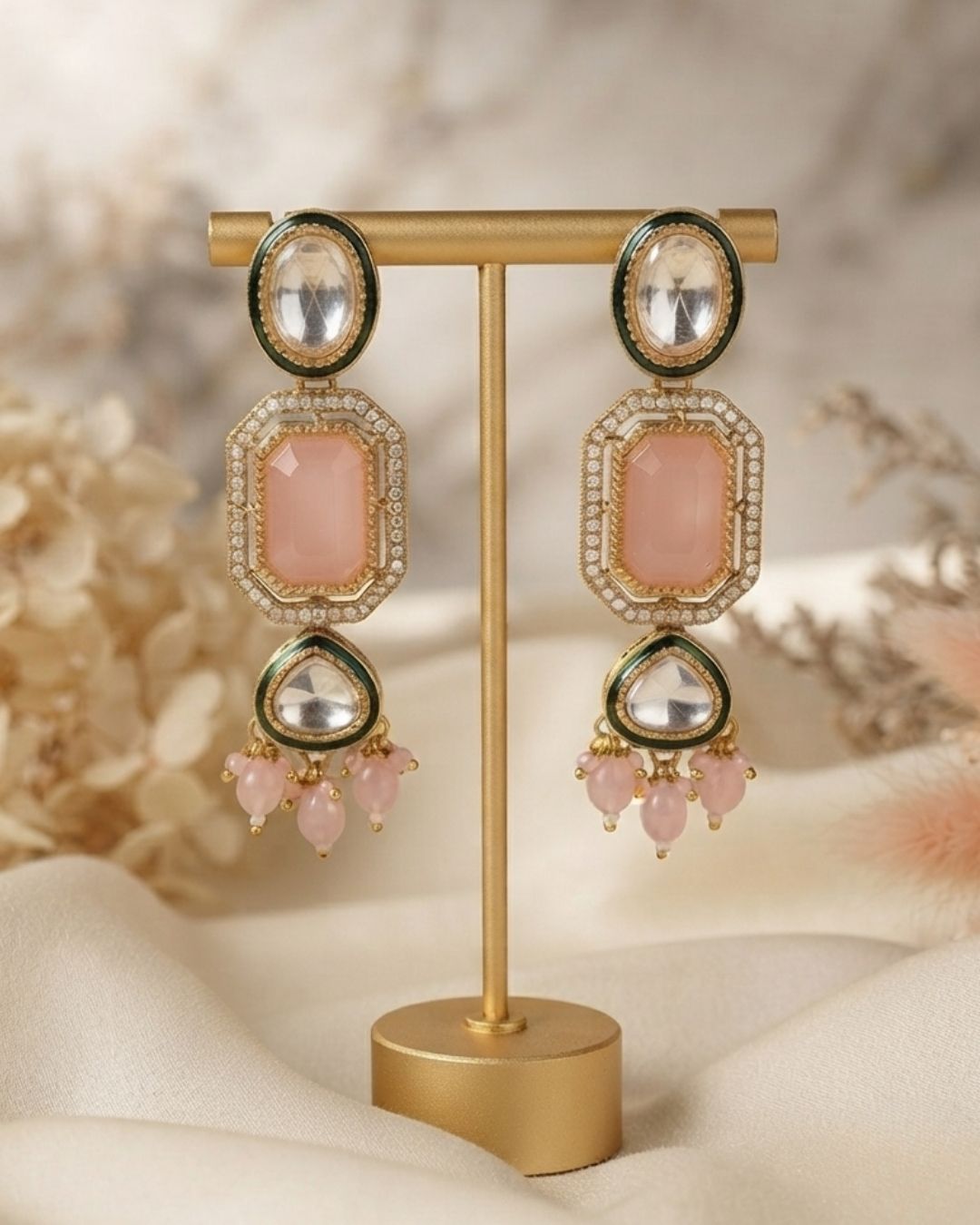 Blush Pink & Antique Gold Kundan Beaded Dangler Earrings