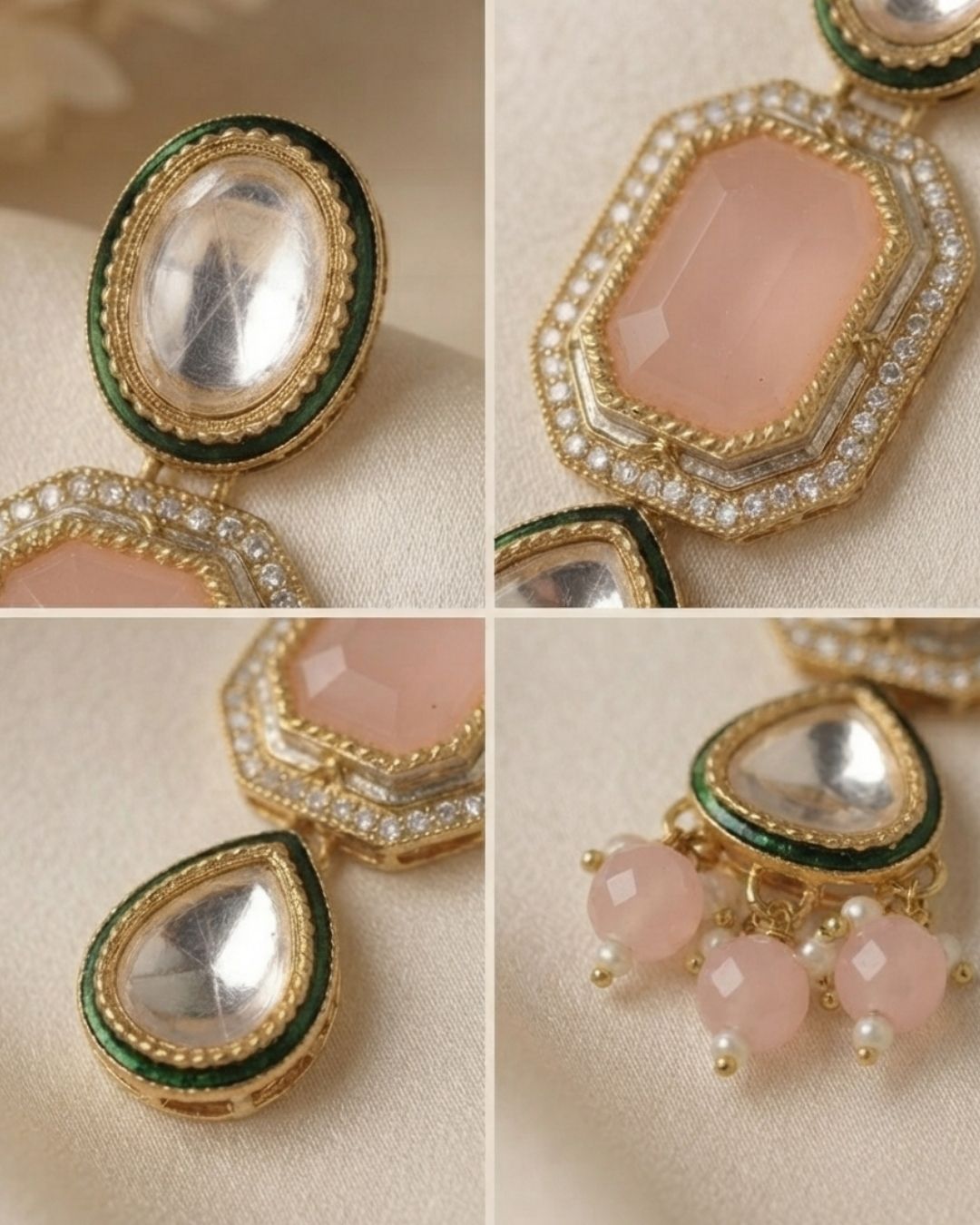 Blush Pink & Antique Gold Kundan Beaded Dangler Earrings