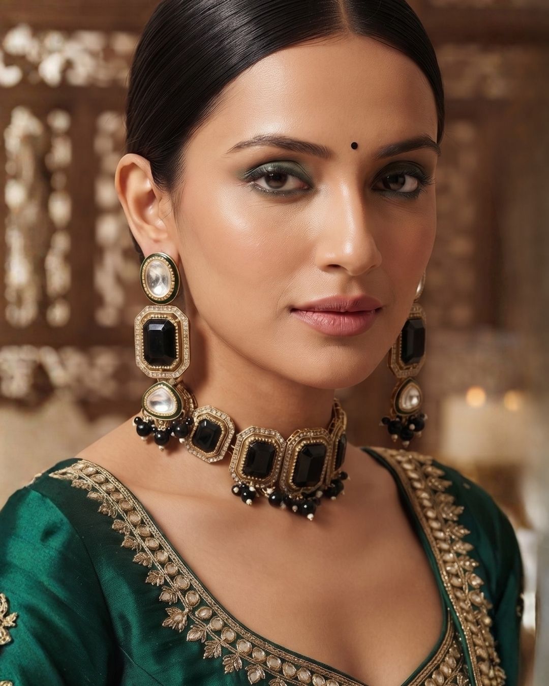 Black Onyx & Antique Gold Kundan Beaded Dangler Earrings