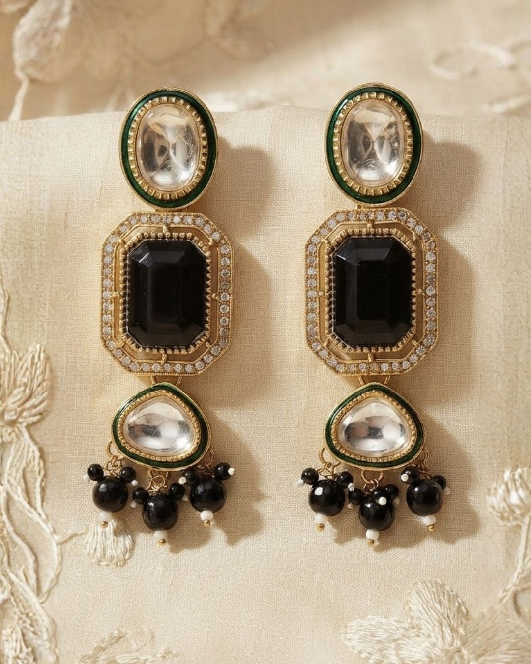 Black Onyx & Antique Gold Kundan Beaded Dangler Earrings