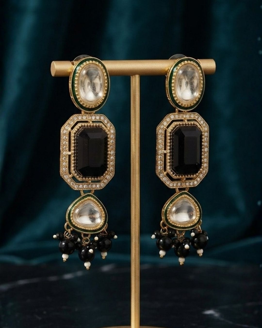 Black Onyx & Antique Gold Kundan Beaded Dangler Earrings
