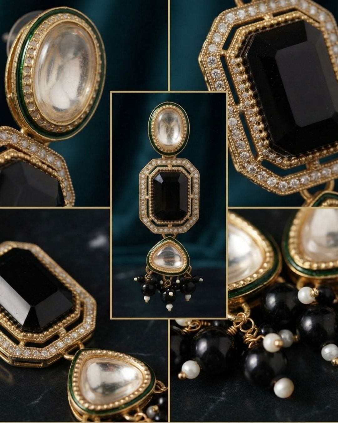 Black Onyx & Antique Gold Kundan Beaded Dangler Earrings