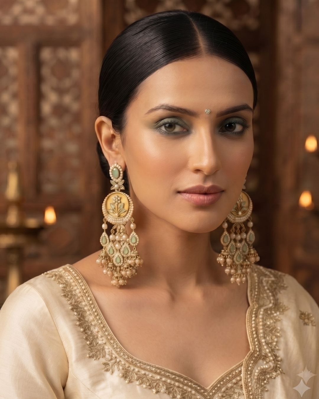 Emerald Green & Antique Gold Kundan Chandbali Dangler Earrings