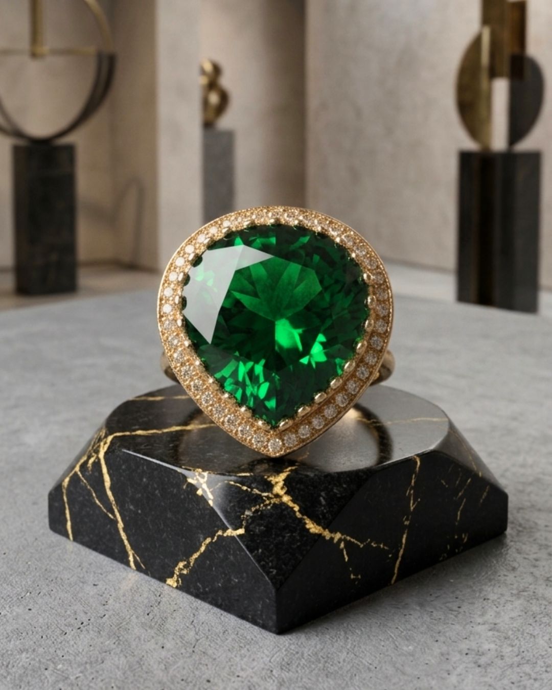 Royal Emerald Green Gold-Plated American Diamond Halo Ring