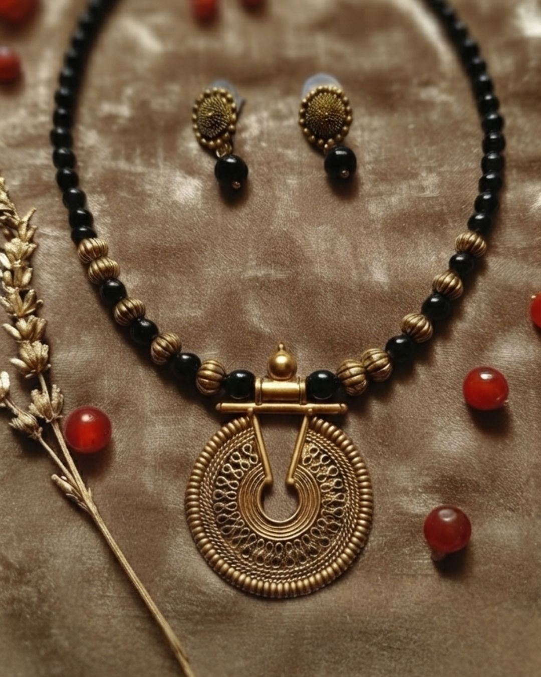 Antique Gold Coin Pendant Necklace Set with Red Beads
