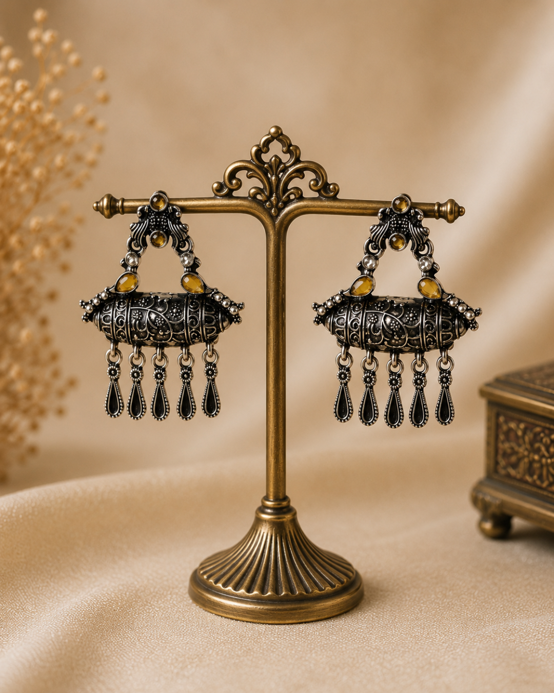 Antique Gold & Black Beaded Jhumka Earrings