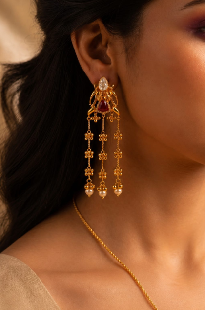 Elegant Gold Red Stone Tassel Drop Earrings