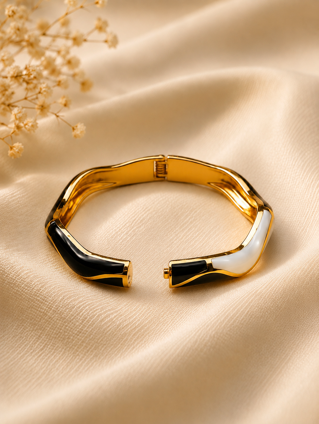 Gold-Plated Black Enamel Open Cuff Bracelet