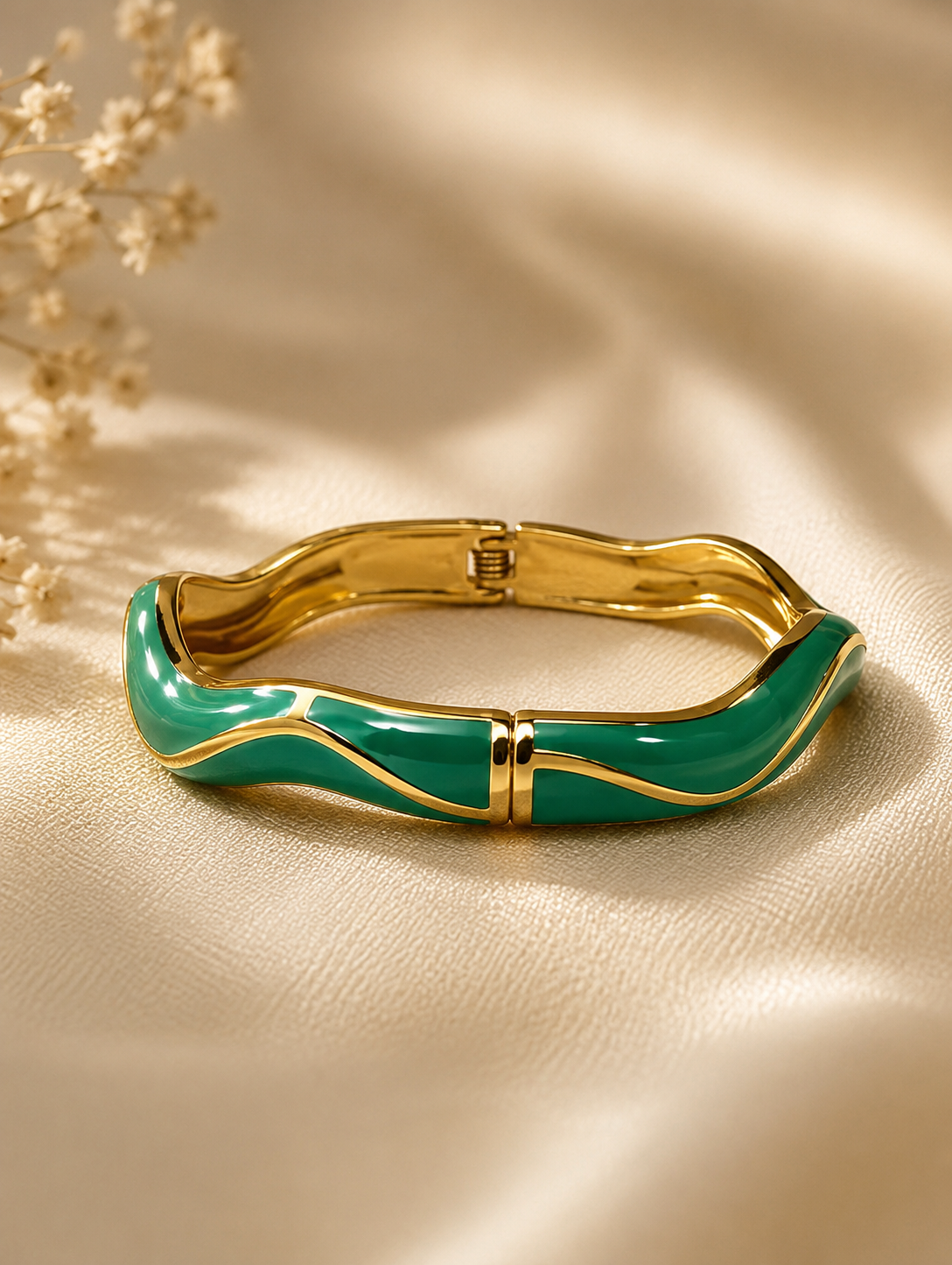 Gold-Plated Green Enamel Open Cuff Bracelet