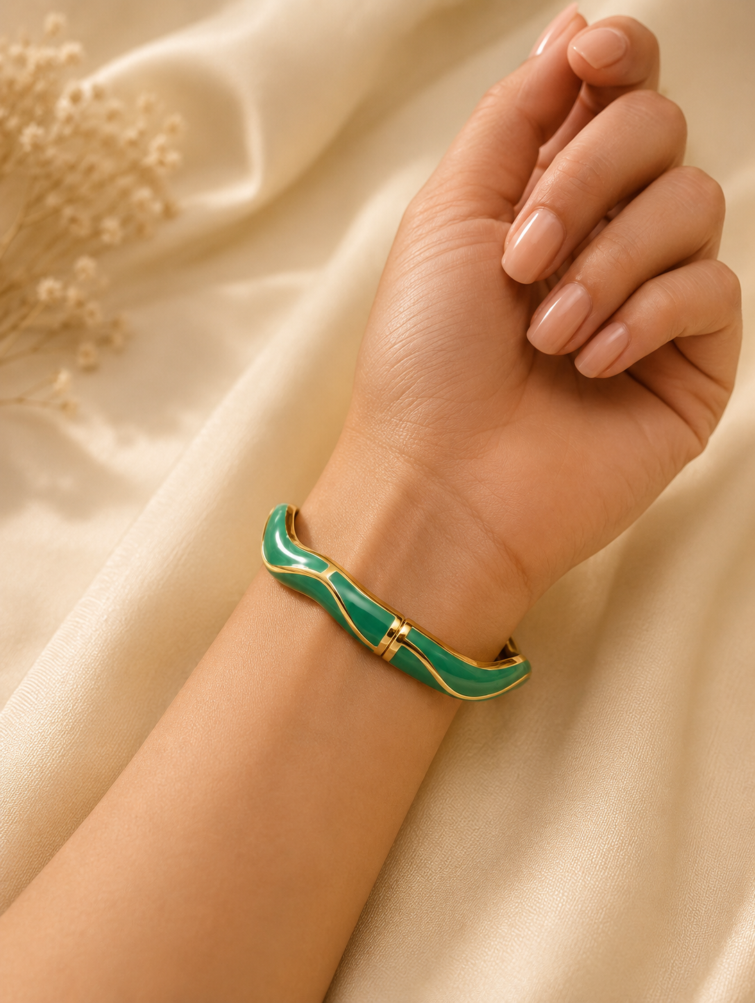 Gold-Plated Green Enamel Open Cuff Bracelet