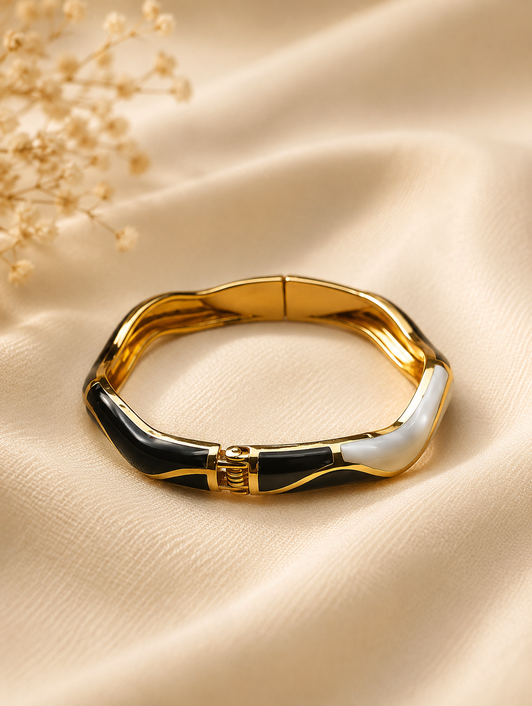Gold-Plated Black Enamel Open Cuff Bracelet