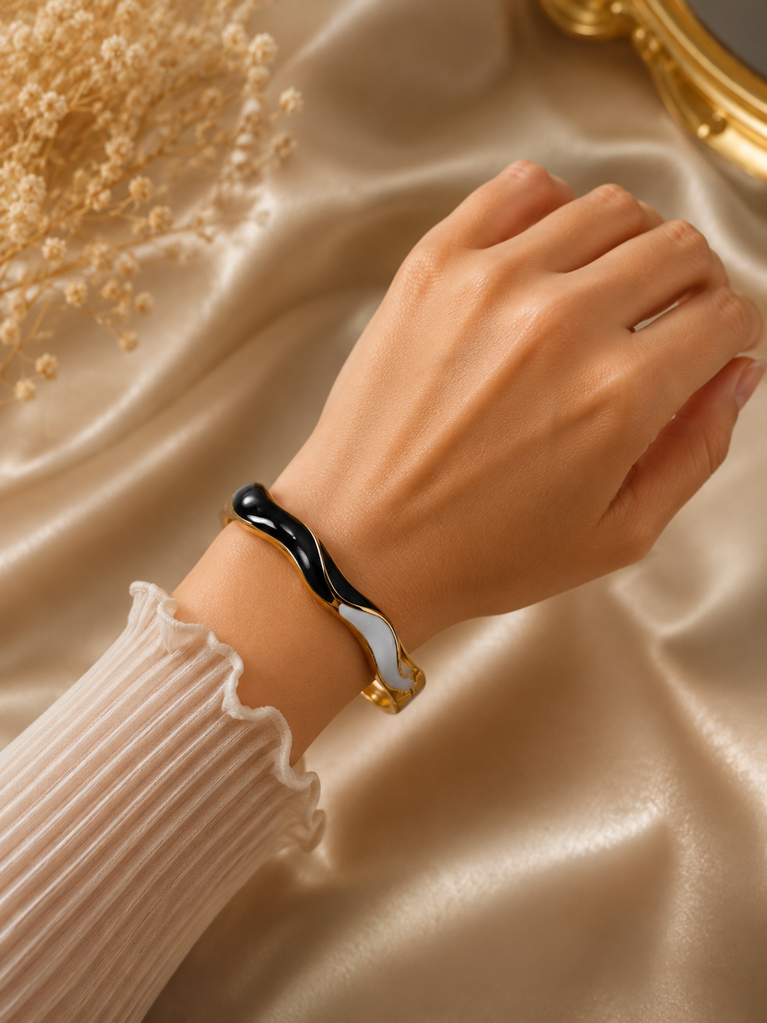 Gold-Plated Black Enamel Open Cuff Bracelet