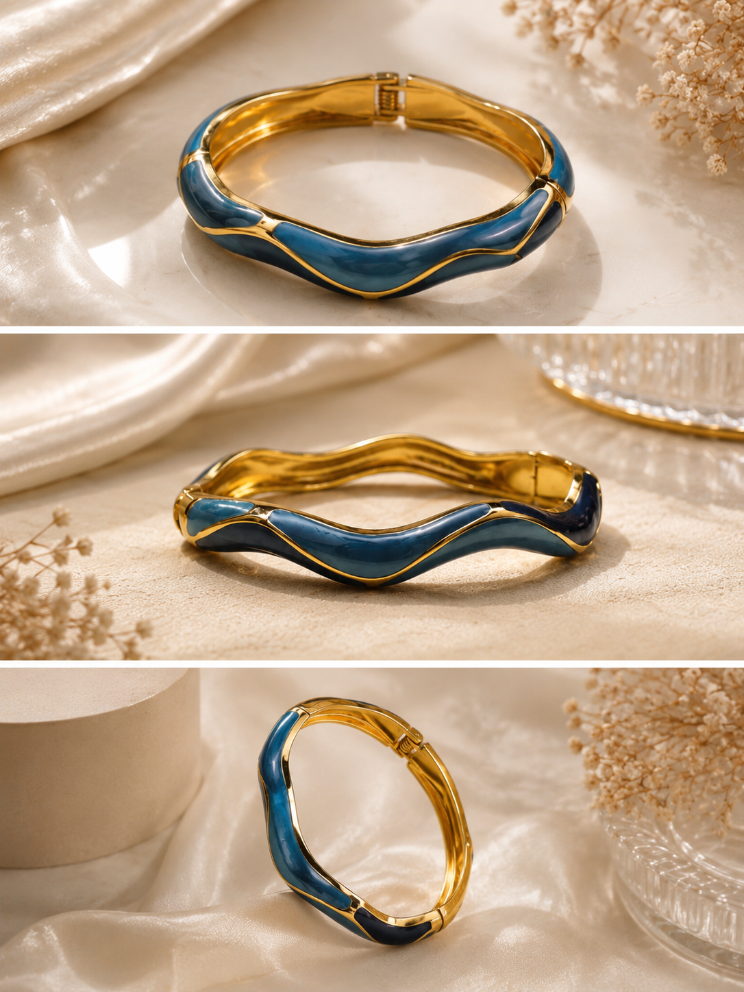 Gold-Plated Turquoise Enamel Wave Cuff Bracelet
