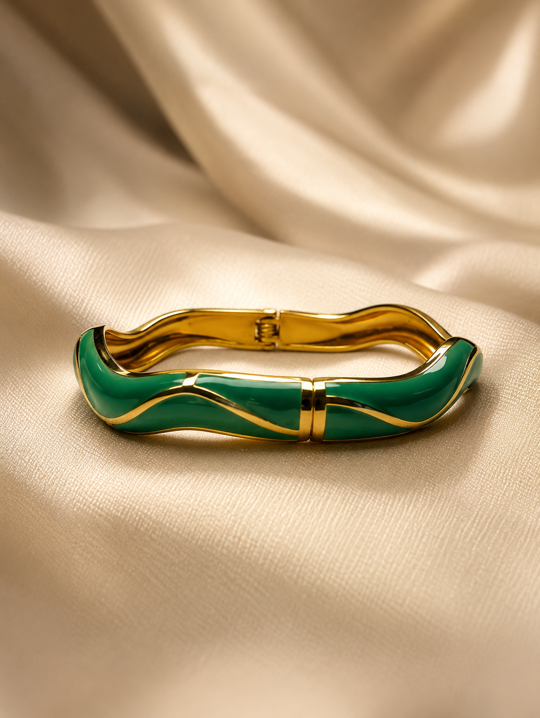 Gold-Plated Green Enamel Open Cuff Bracelet