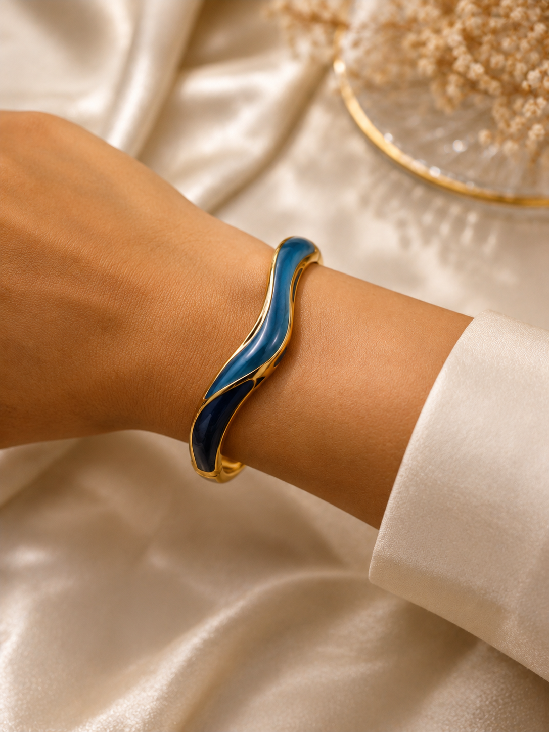 Gold-Plated Turquoise Enamel Wave Cuff Bracelet