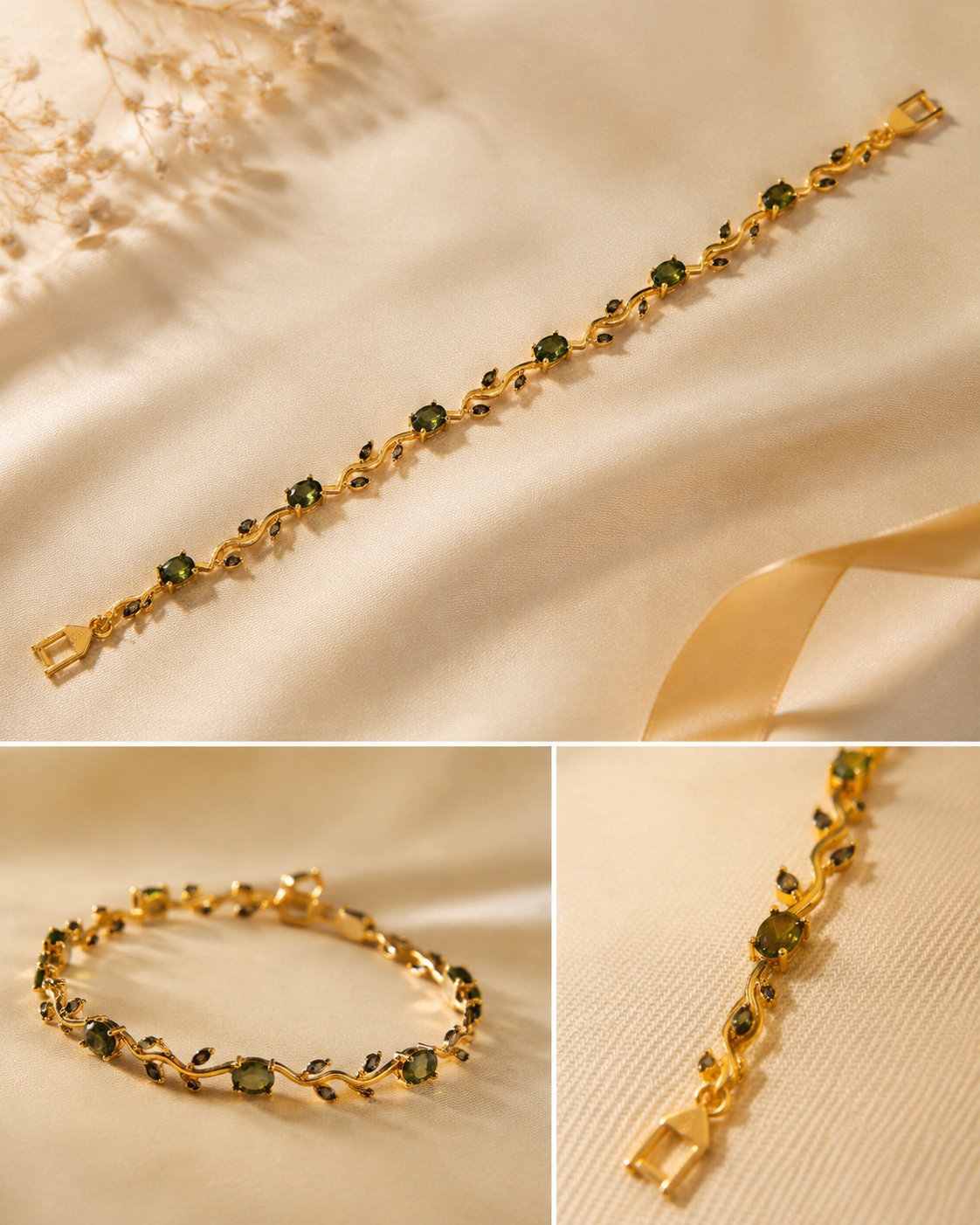 Gold-Plated Green Crystal Charm Bracelet