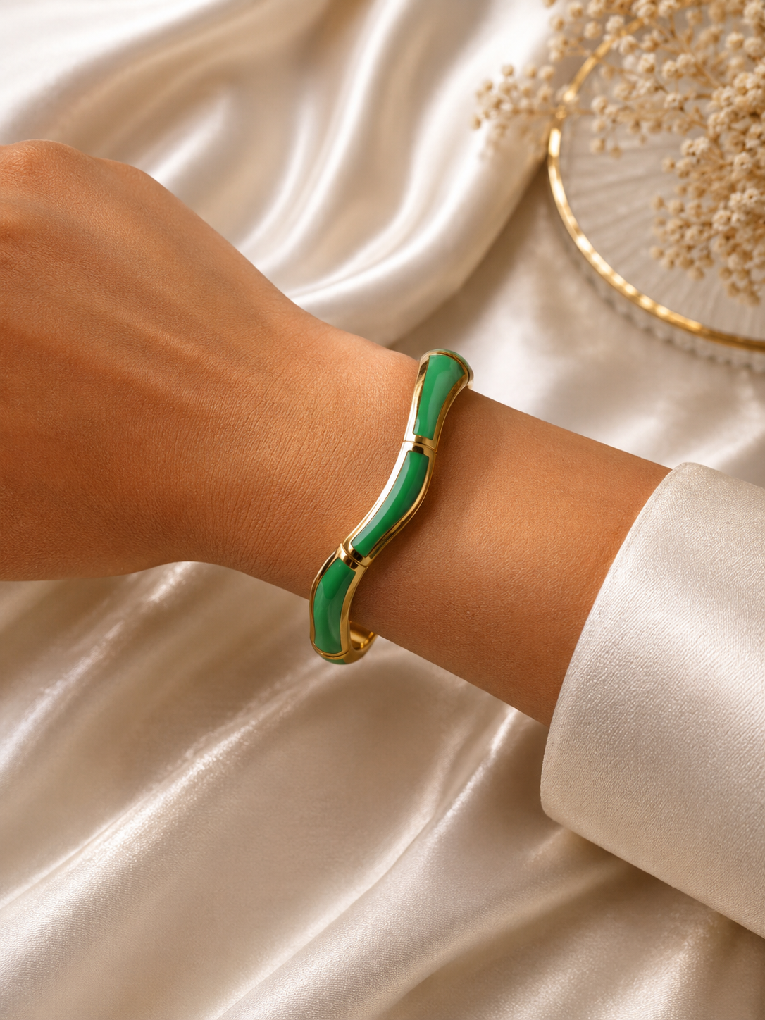 Gold-Plated Green Enamel Open Cuff Bracelet