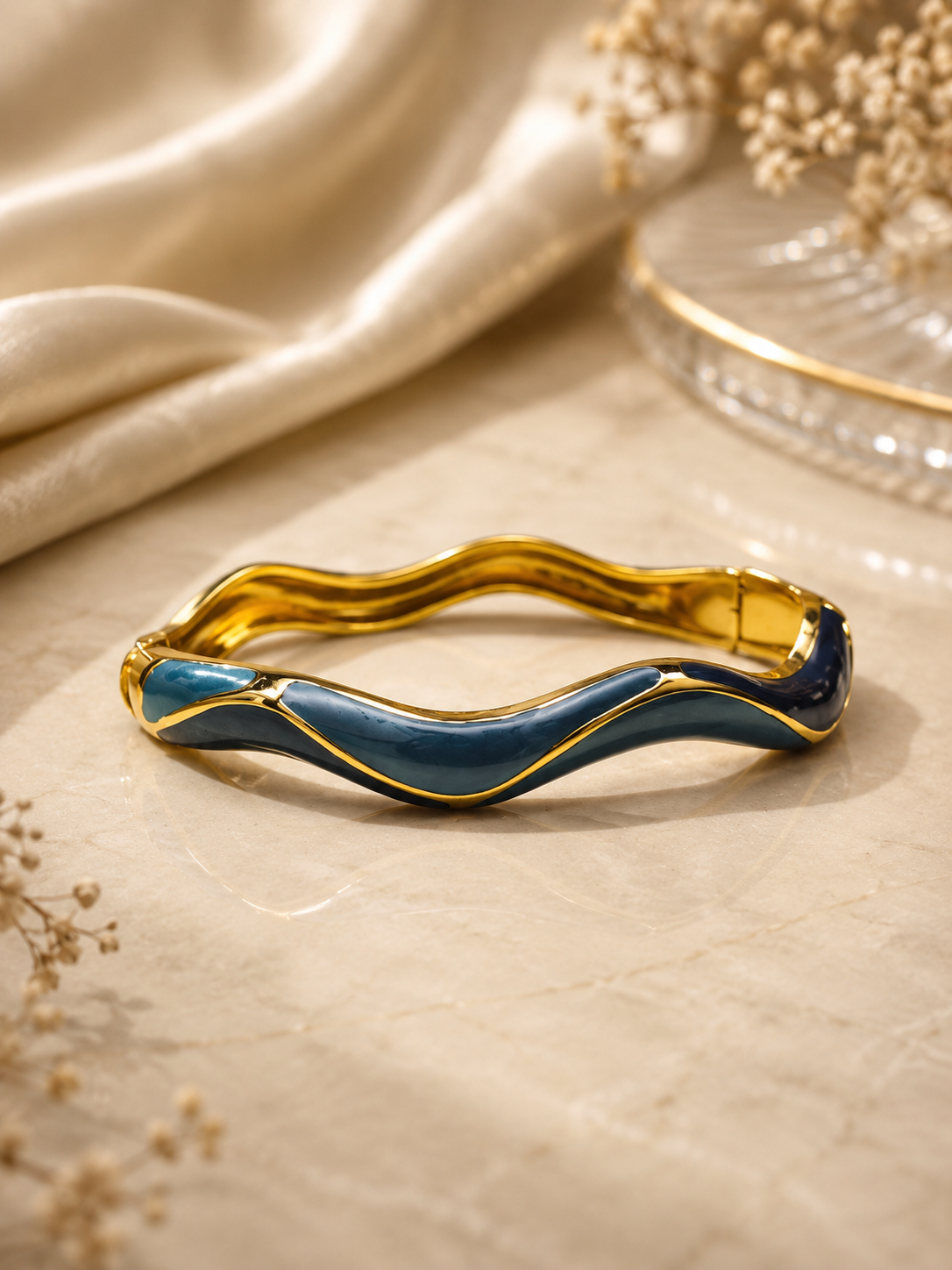 Gold-Plated Turquoise Enamel Wave Cuff Bracelet