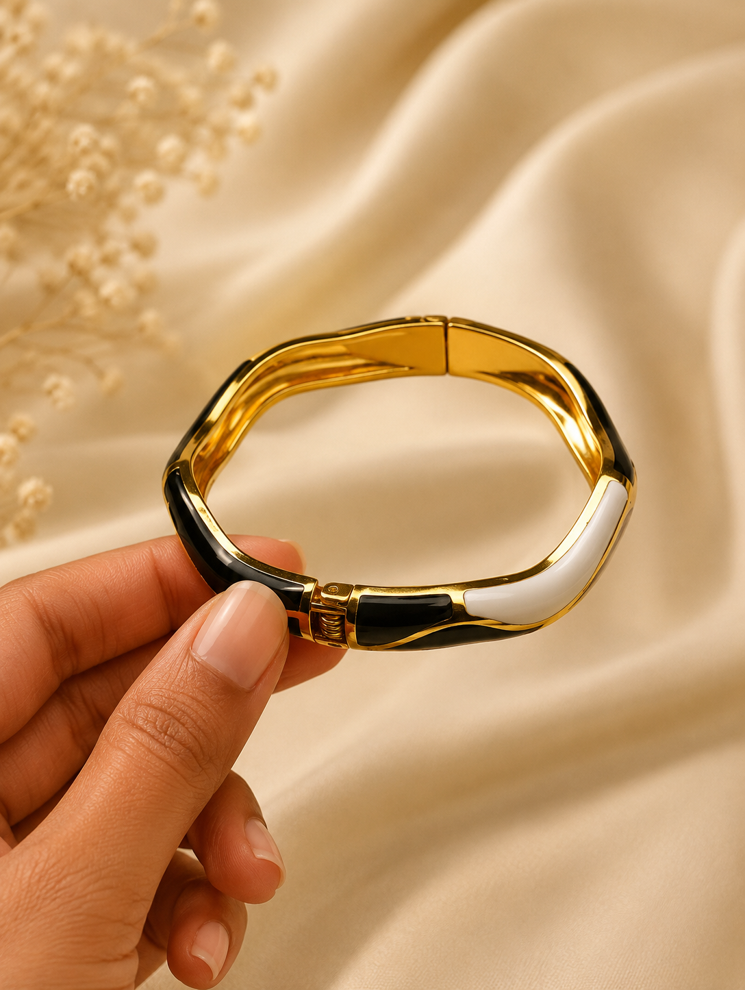 Gold-Plated Black Enamel Open Cuff Bracelet