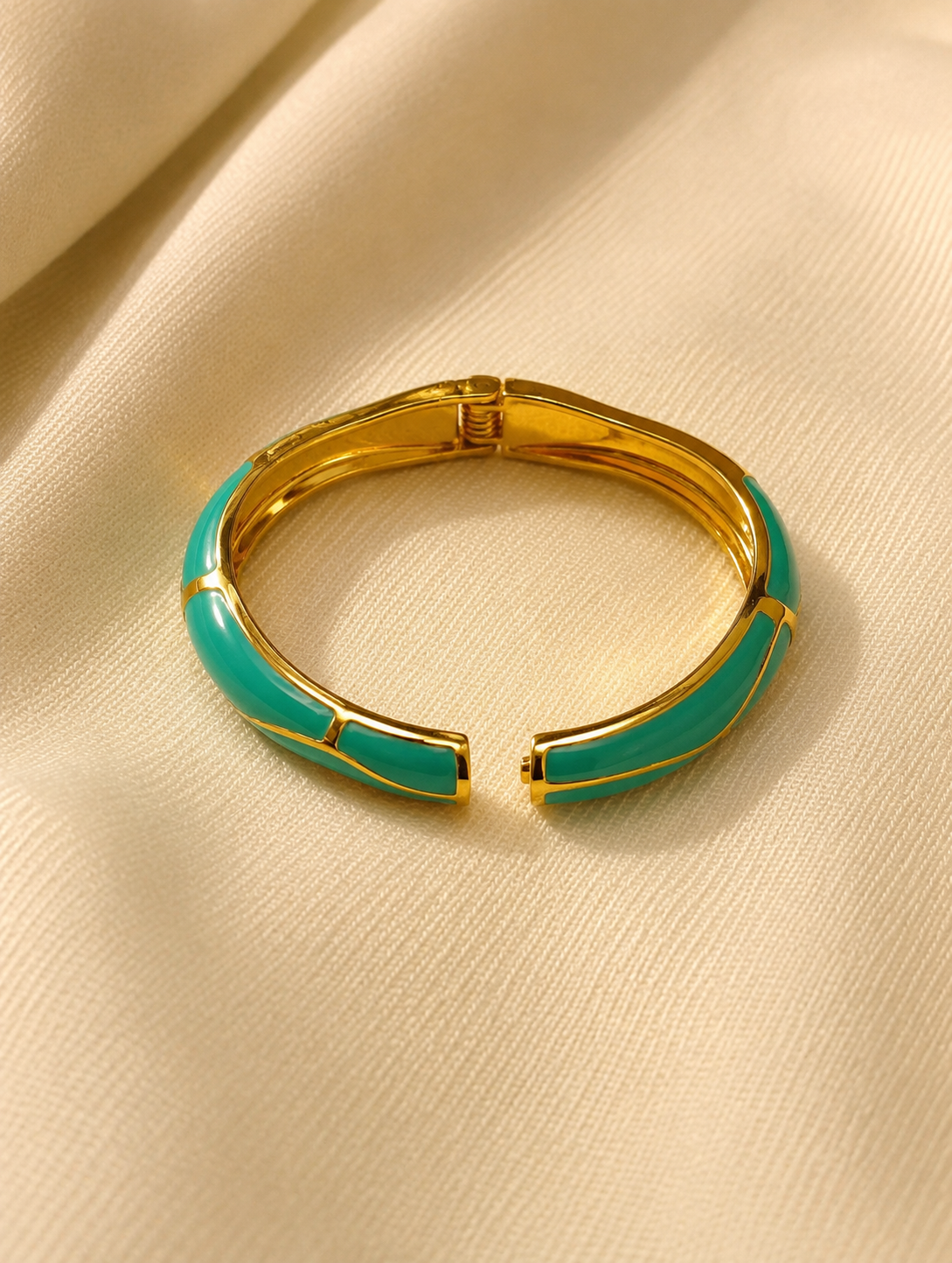 Gold-Plated Green Enamel Open Cuff Bracelet